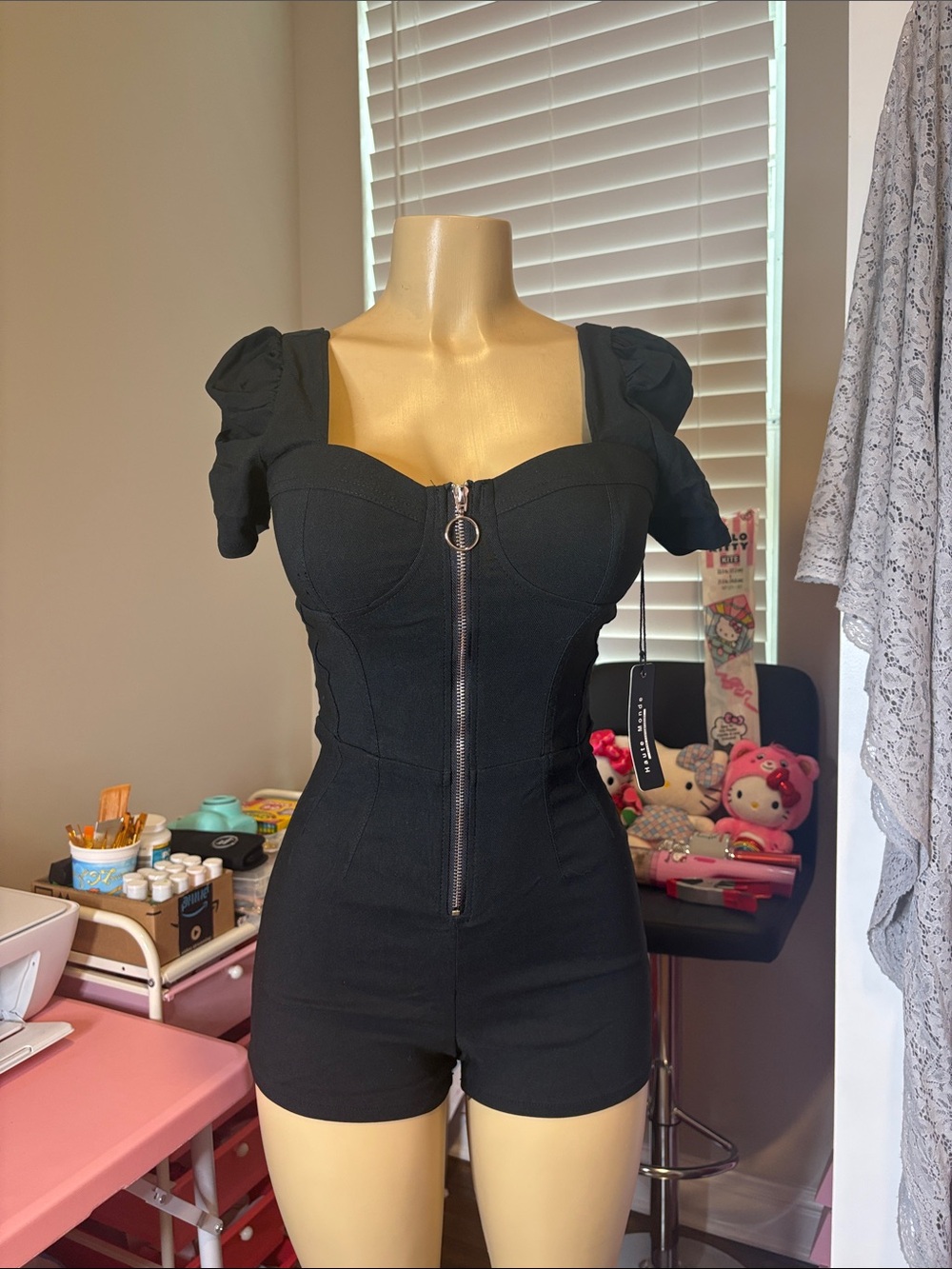 Haute Monde Black Puff-Sleeve Zip-Front Bodysuit Romper